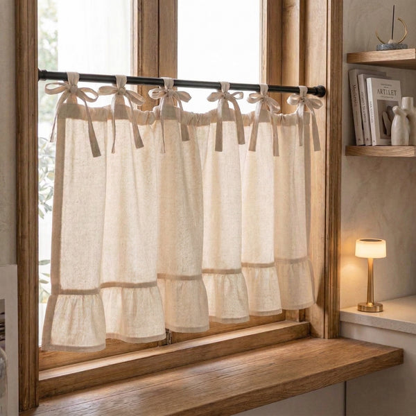 Cotton Linen Ruffle Cafe Curtains, French Country Boho Light Filtering Short Window Drapes