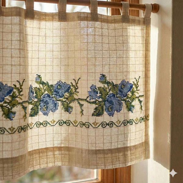 Embroidered Linen Café Curtain with Blue Floral Design | Light Filtering Farmhouse Kitchen Window Valance | Rustic Cottage Style Curtain Panel